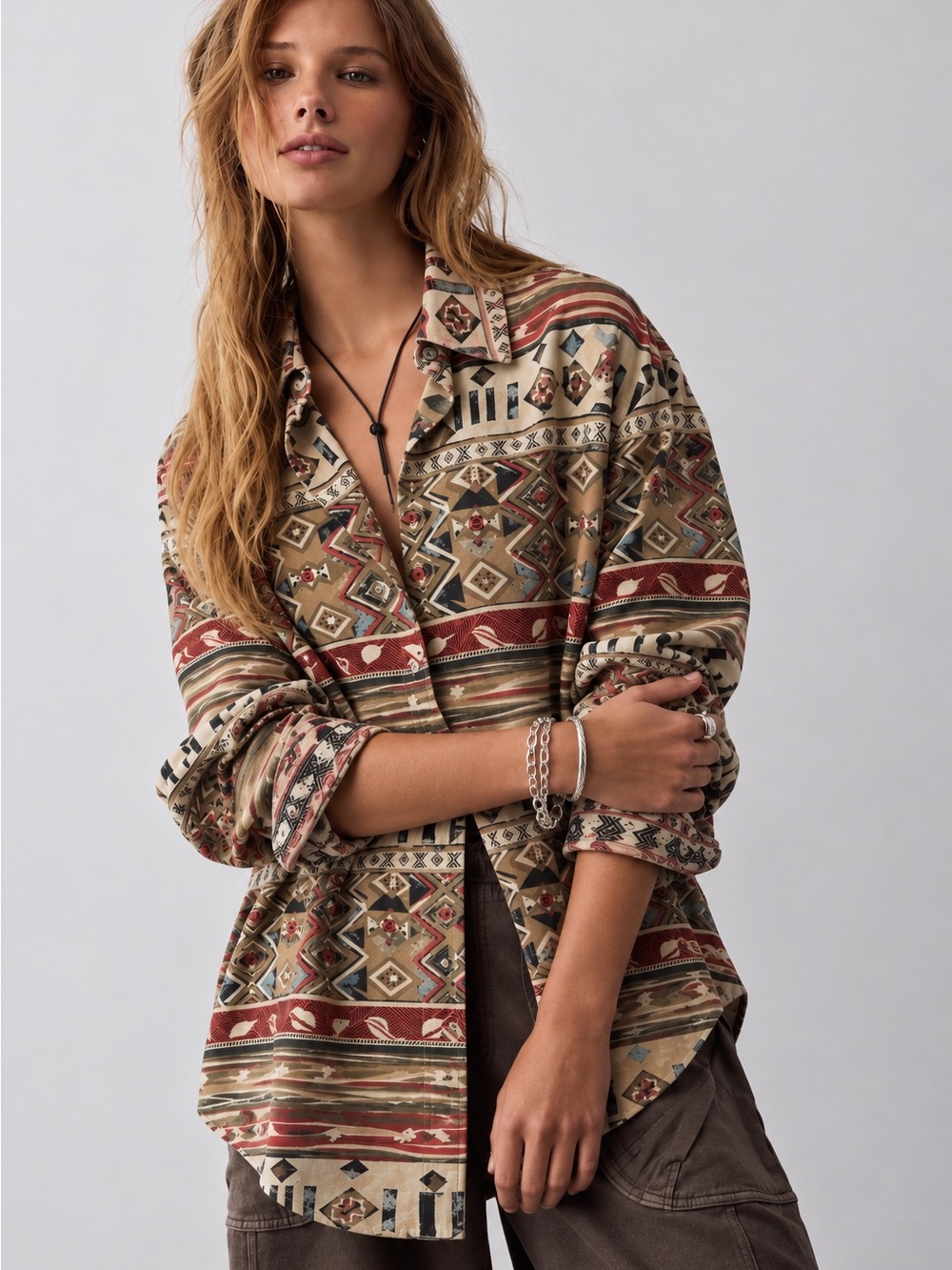 297. Boho Aztec Print Button-Up Shirt - Tan & Rust